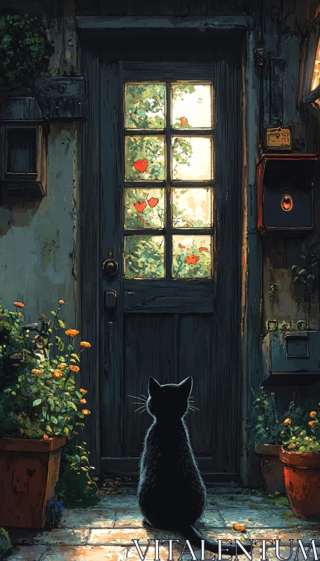 Black Cat at Door with Heart Decorations AI Image