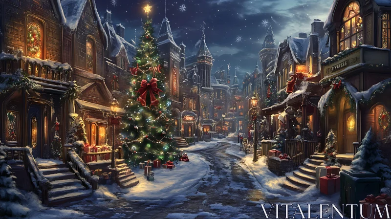 Christmas Street Filled with Festive Decorations AI Image