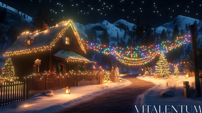 Festively Lit Cabin in Winter Wonderland AI Image