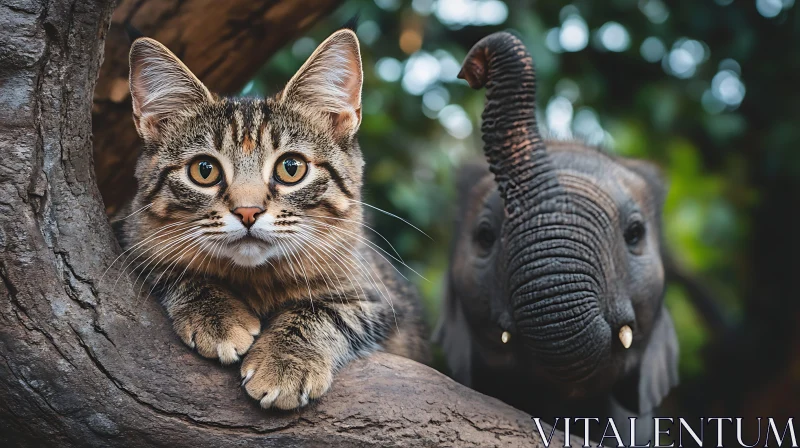 AI ART Cute Cat and Baby Elephant Amongst Nature