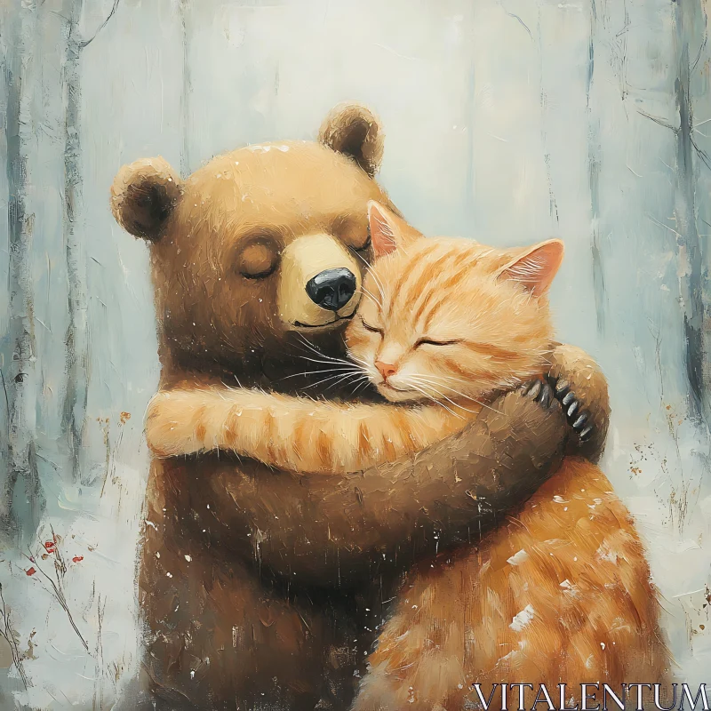 Bear Hugging Cat in Snowy Forest AI Image