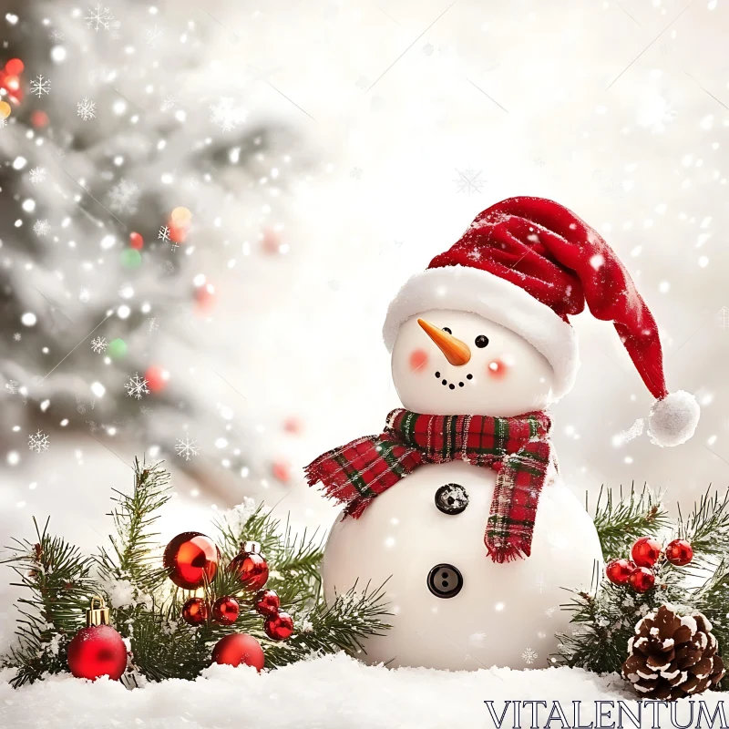 Festive Snowman with Christmas Tree and Ornaments AI Image