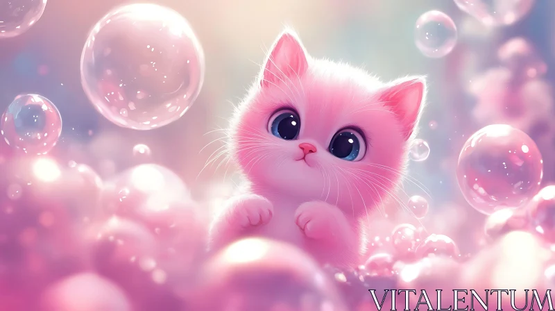 Cute Pink Kitten with Blue Eyes and Bubbles AI Image