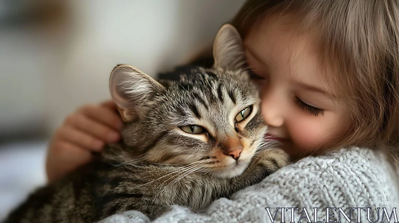 Child Embracing a Tabby Cat AI Image