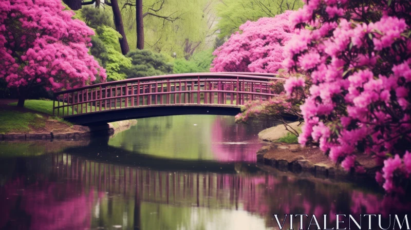 Gorgeous Pink Bridge Over Water in Japanese Pond - Cross-Processed, American Romanticism AI Image