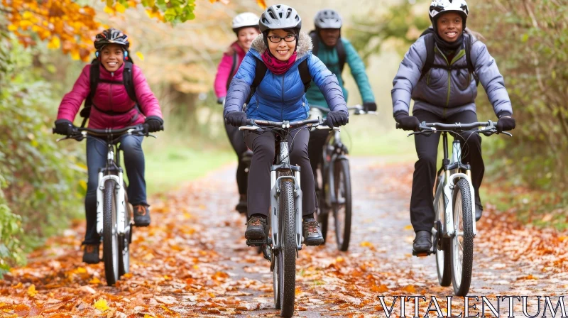 Happy Friends Riding Bicycles in Fall AI Image