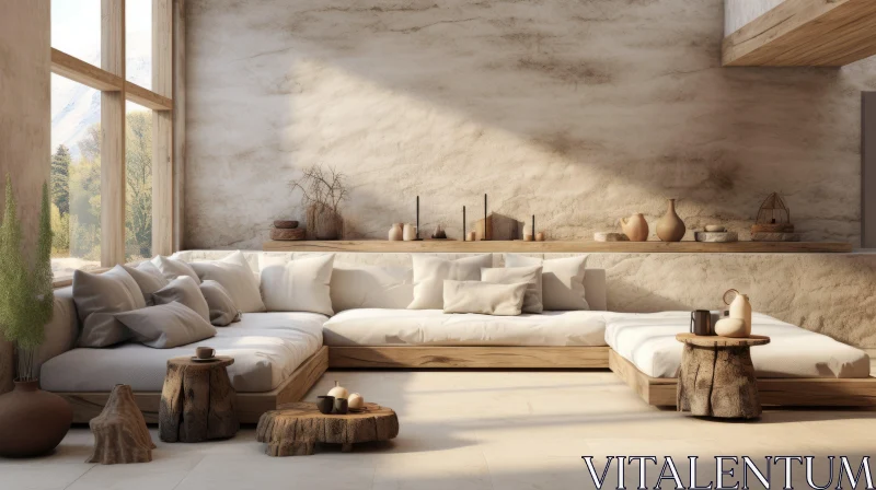 Neutral-Toned Living Room with Organic Stone Carvings and Mediterranean Aesthetics AI Image