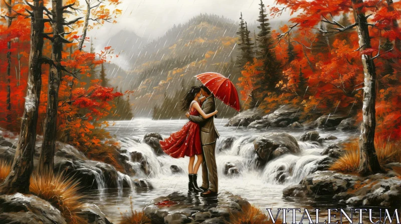 Romantic Rain Painting with a Couple in Red AI Image