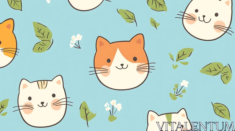 Adorable Cat Face Pattern with Leaves and Flowers AI Image