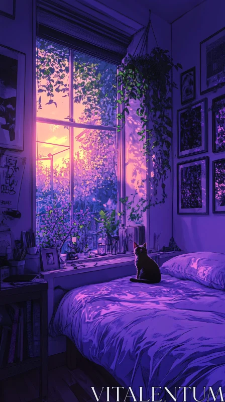 AI ART Tranquil Sunset Scene with a Cat in a Cozy Room