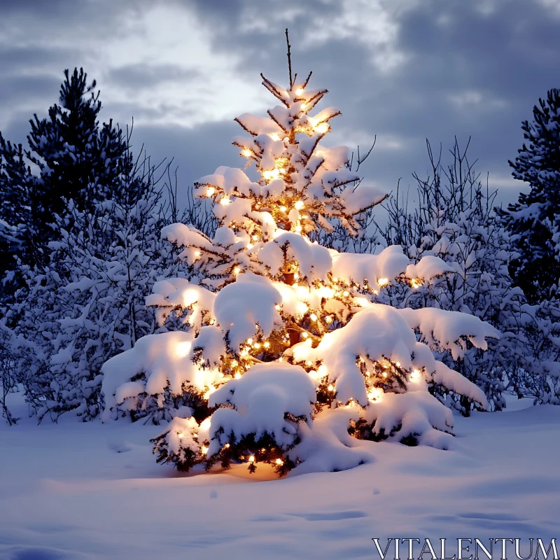 Winter Wonderland: Illuminated Christmas Tree in Snow AI Image