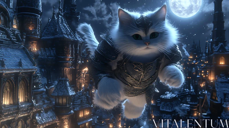 Fantasy Armored Cat in Medieval City AI Image