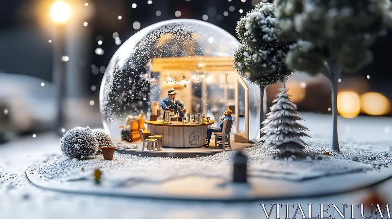 Cozy Café in a Snow Globe AI Image