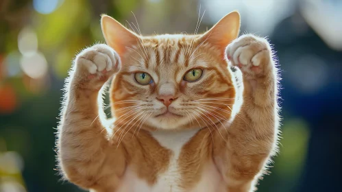 Playful Orange Cat with Raised Paws