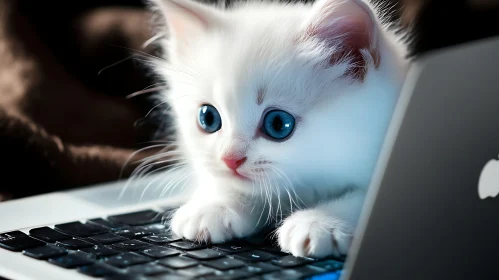 Cute White Kitten on Laptop Keyboard