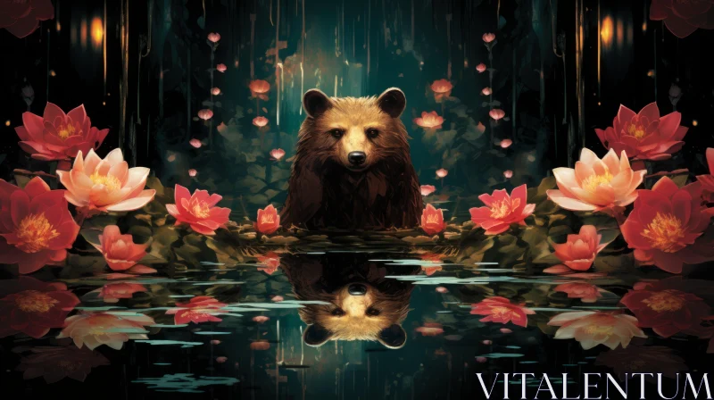Abstract Bear in Pond with Floral Surroundings - A Zen Minimalistic Masterpiece AI Image