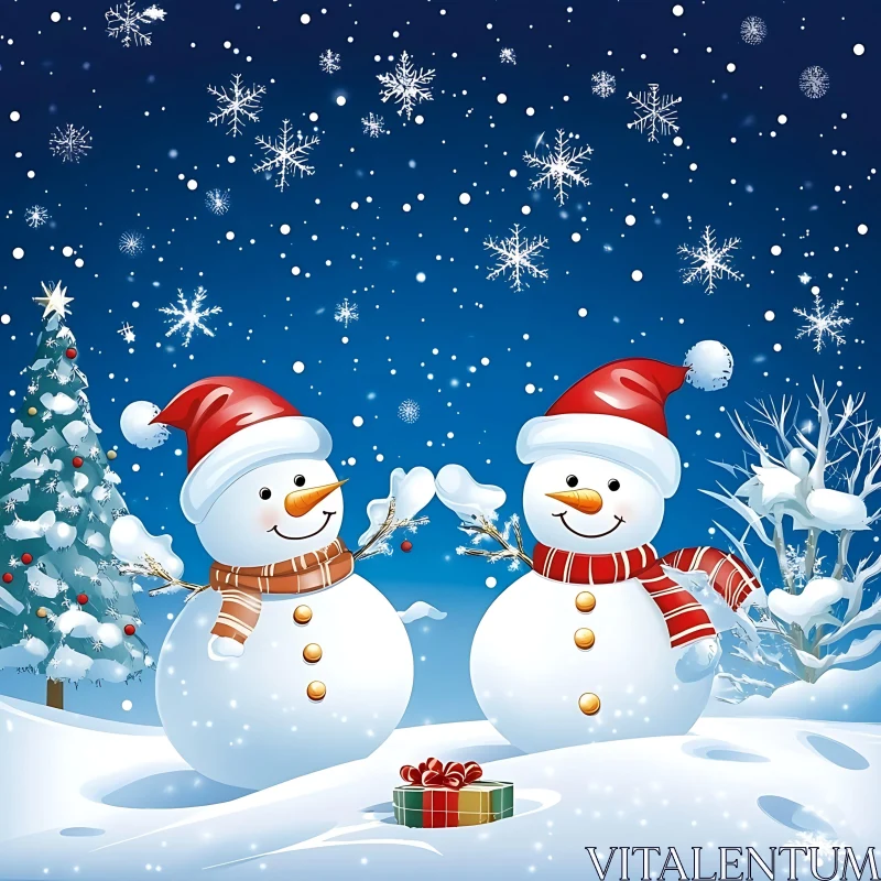 Snowmen Celebrating Christmas in the Snow AI Image