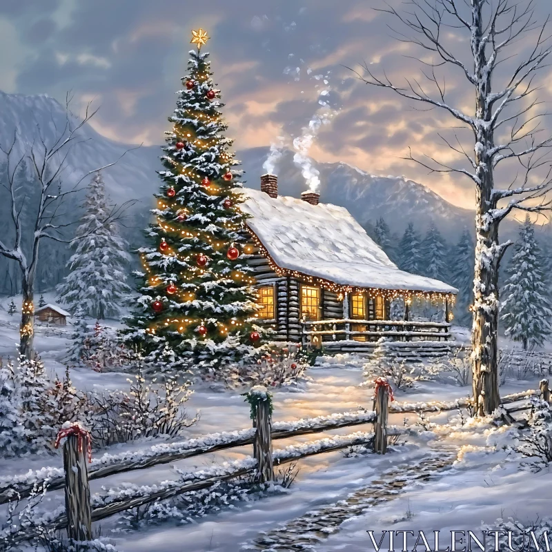 Snowy Winter Cabin with Christmas Tree and Lights AI Image