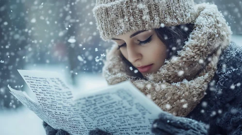 Focused Woman Reading in Winter Snow