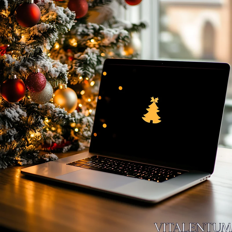 Cozy Christmas Scene with Laptop and Tree AI Image