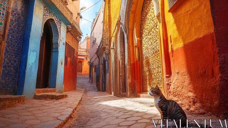 Vibrant Narrow Street with Cat AI Image