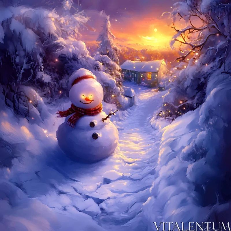 Serene Winter Evening with a Snowman and Cottage AI Image