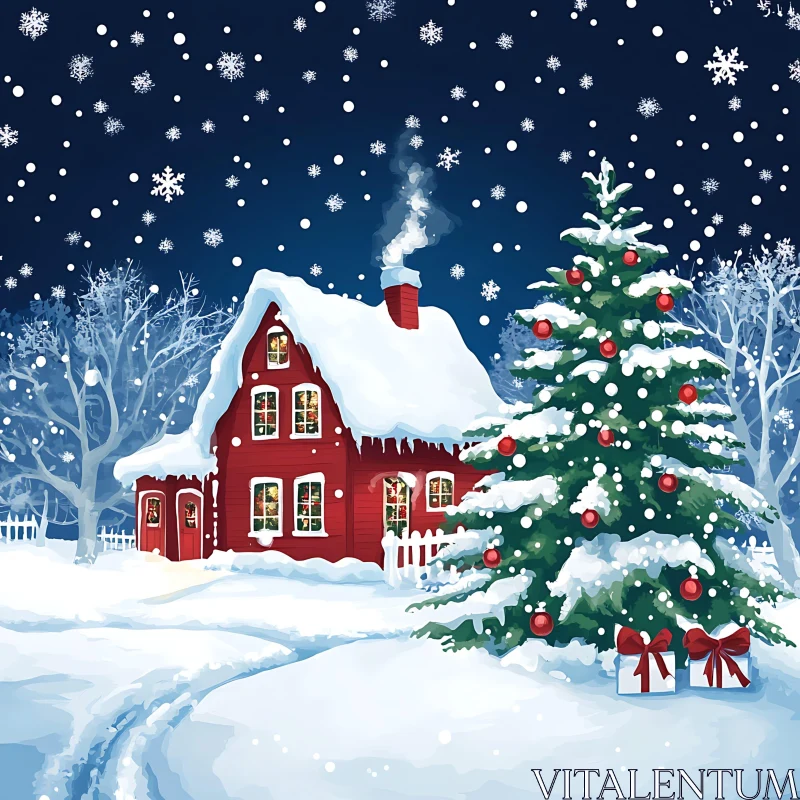 Festive Winter Wonderland with Snow-Covered Home and Tree AI Image