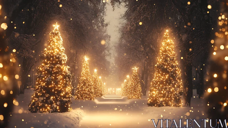 Glowing Holiday Trees in Winter Wonderland AI Image