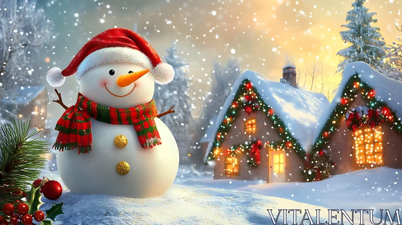 Snowman with Santa Hat and Festive Cabins in Snow AI Image