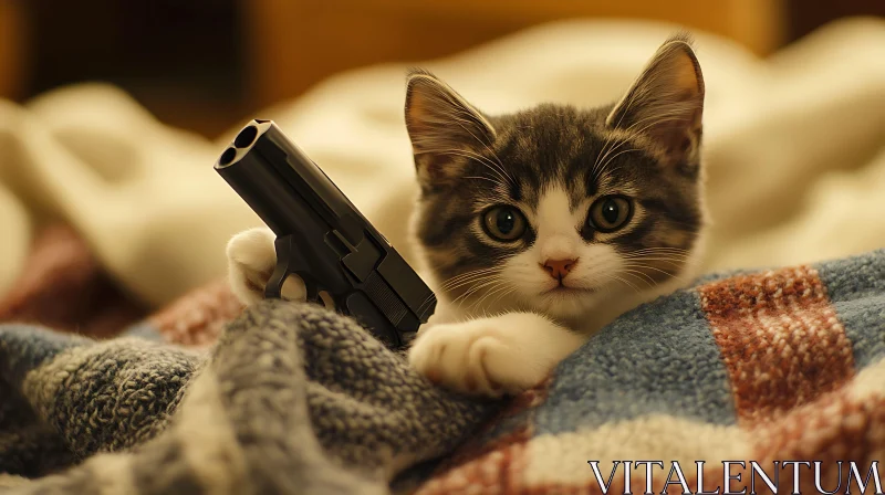 Kitten with a Gun in a Cozy Blanket AI Image