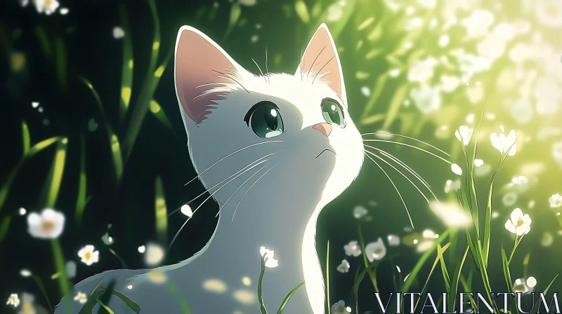 Whiskered Wonder: Anime Cat in Spring Meadow AI Image