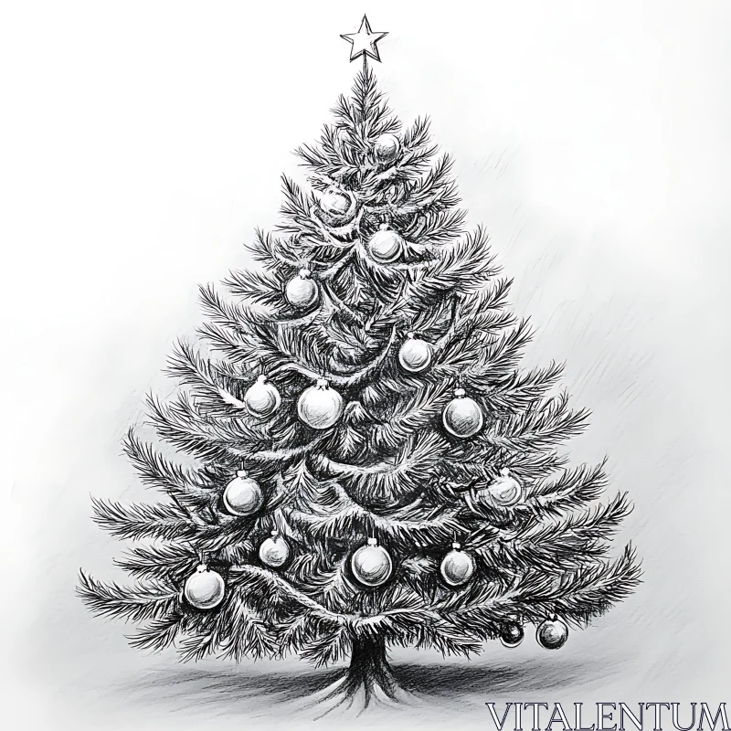 Detailed Christmas Tree Sketch in Black and White AI Image