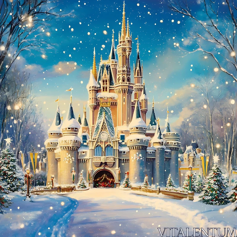 Magical Winter Wonderland with Snowy Castle AI Image