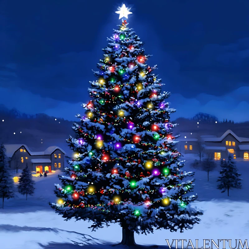 Brightly Lit Christmas Tree in a Snowy Winter Night AI Image