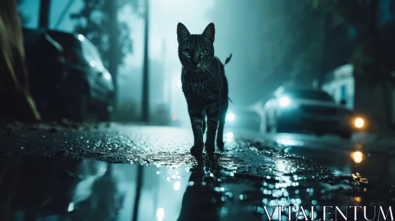 Enigmatic Black Cat Walking on a Rainy City Street at Night AI Image