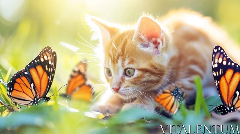 Ginger Kitten Playing with Butterflies in a Green Field AI Image