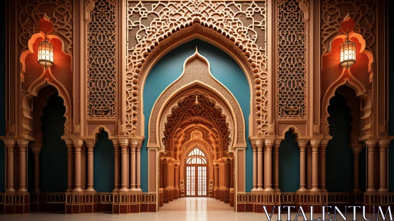 Intricate Moroccan-Style Grand Hall 3D Rendering AI Image