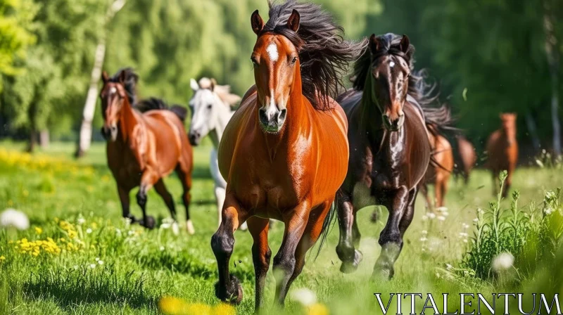 Majestic Herd of Horses Running in a Green Field AI Image