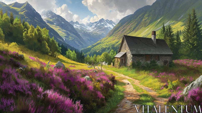 Mountain Valley Landscape with Cottage and Wildflowers AI Image