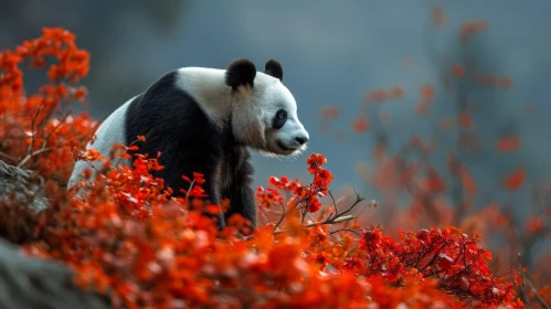 Panda Sitting on Rock in Field of Red Flowers