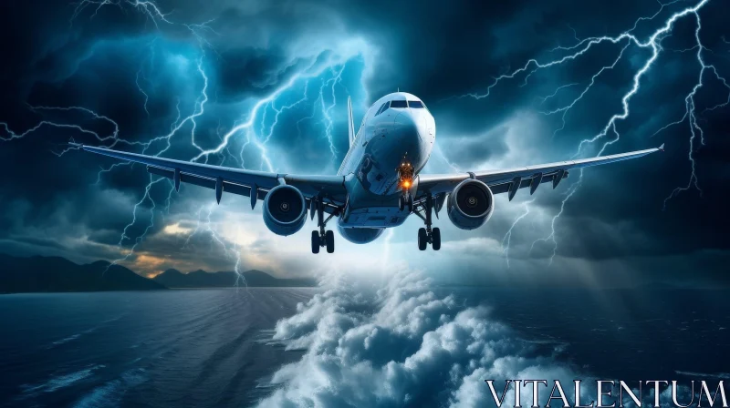 Passenger Plane in Stormy Sky Struck by Lightning Over Dark Sea AI Image