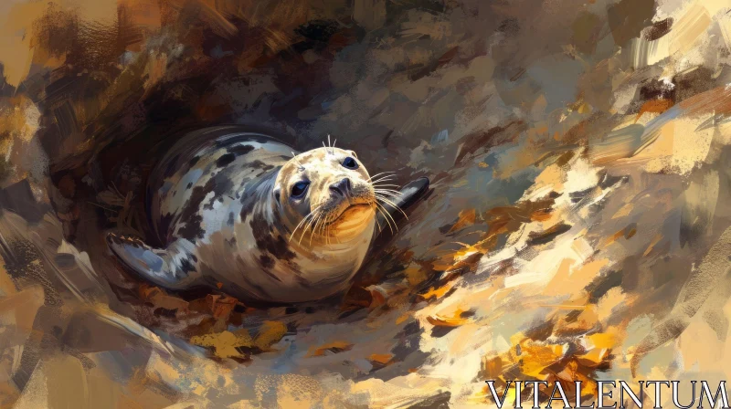 Realistic Seal Painting on Rocks and Leaves AI Image