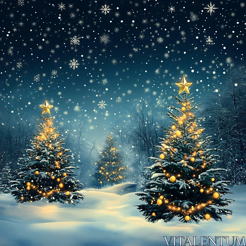 Magical Night with Decorated Christmas Trees AI Image