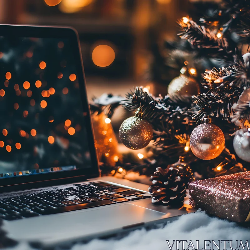 Festive Laptop by a Decorated Christmas Tree AI Image