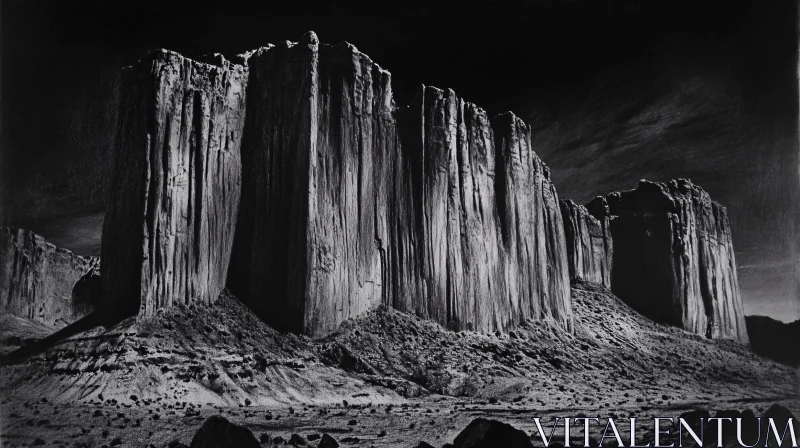 AI ART Monochrome Rock Formations Against Dark Sky