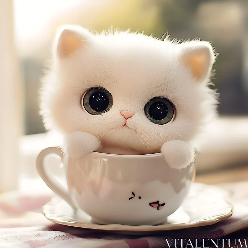 Cute Fluffy Kitten Peeking from Teacup AI Image