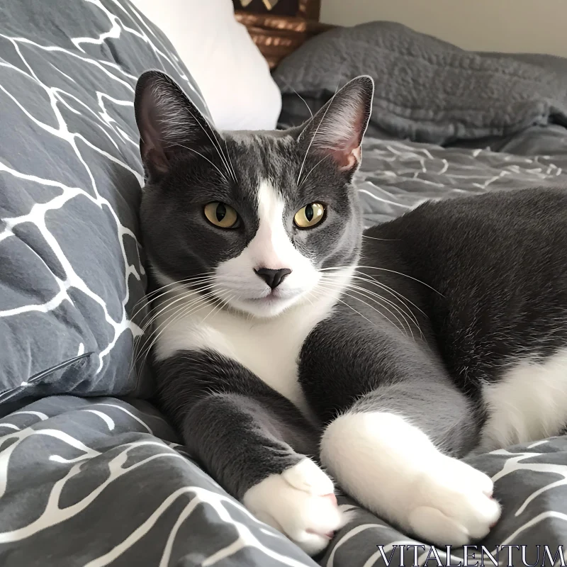 Comfortable Cat on Patterned Grey and White Bed AI Image