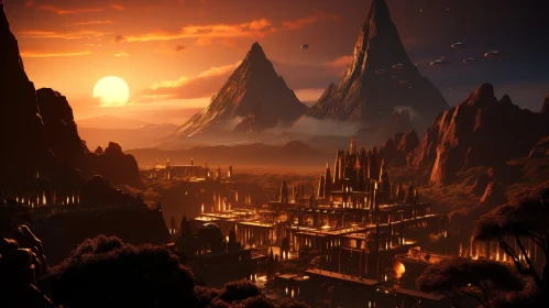 Alien Planet Landscape: Cityscape with Setting Sun