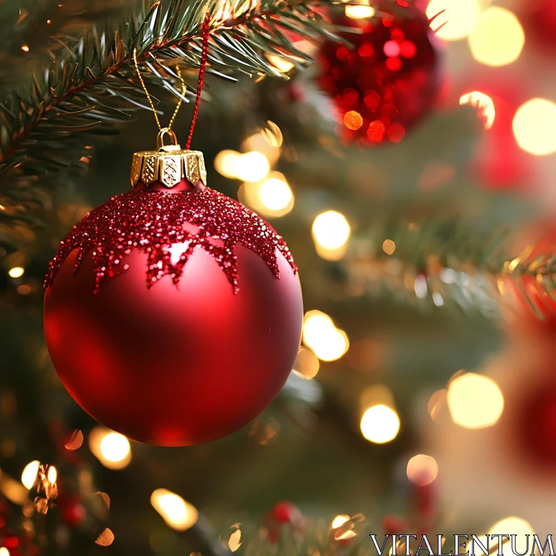 Festive Red Christmas Bauble on Tree AI Image