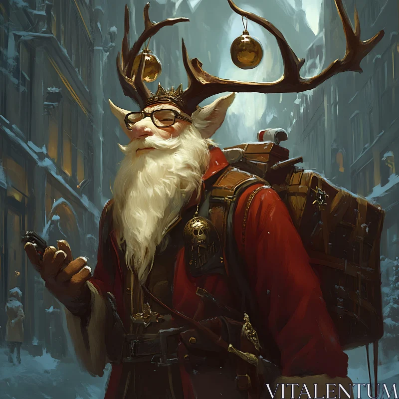 Whimsical Santa Claus with Antlers and Backpack AI Image